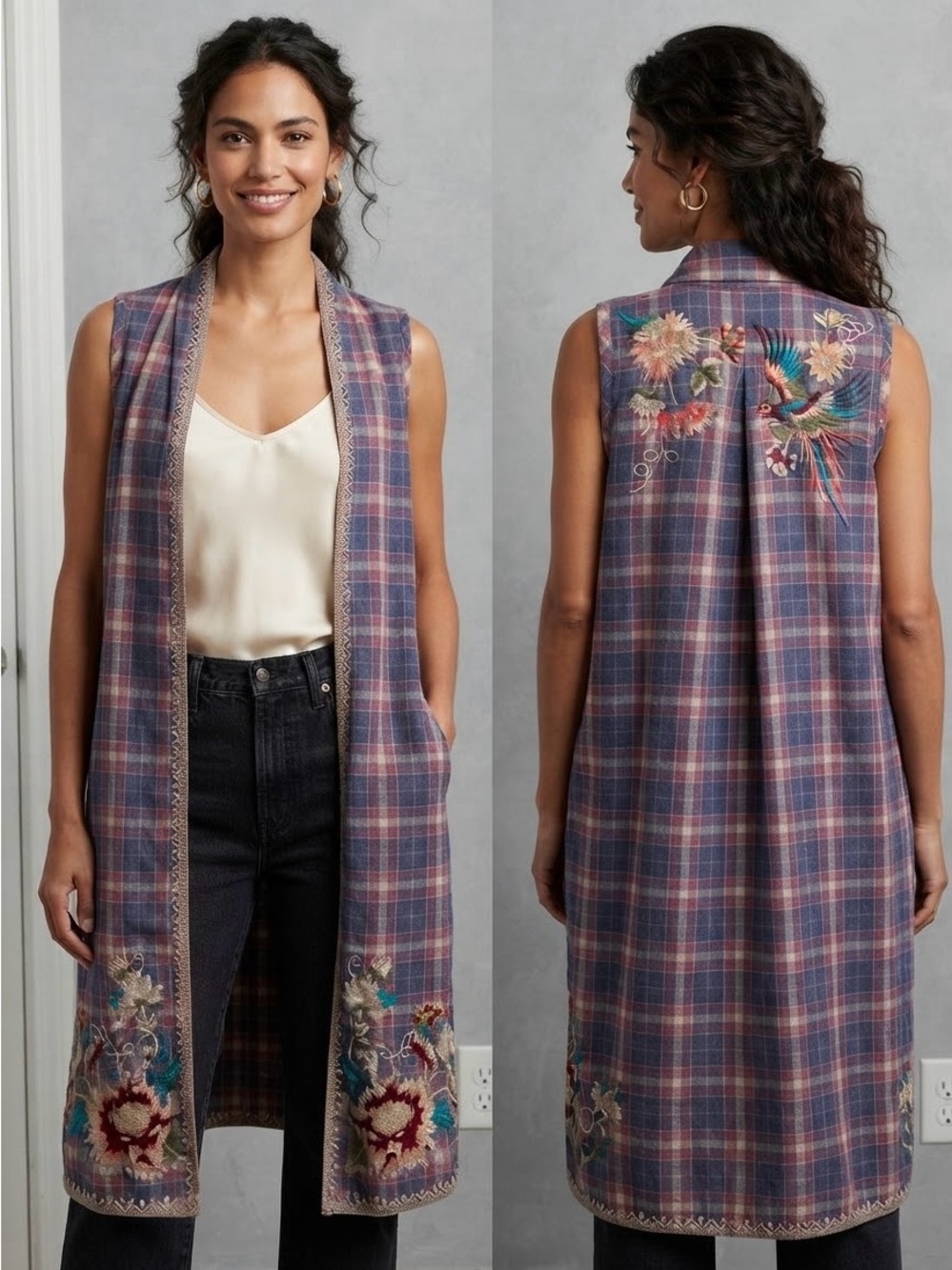 Johnny Was Plaid Embroidered Sleeveless Tunic Vest in Purple, Pink, Blue